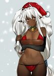  antenna_hair bare_shoulders bikini blush breasts christmas christmas_elf dark_elf dark_skin elf hat large_breasts long_hair looking_at_viewer maki_ikazuya orange_eyes pointy_ears red_bikini revision sack sansei_muramasa santa_costume santa_hat snow solo soukou_akki_muramasa swimsuit white_hair 