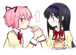  2girls :t akemi_homura birthday birthday_cake black_hair blush cake eating feeding food fork from_side full_mouth hair_ribbon headband kaname_madoka long_hair looking_at_another looking_at_viewer looking_away mahou_shoujo_madoka_magica mahou_shoujo_madoka_magica_movie multiple_girls pink_hair plate profile ribbon school_uniform silverxp simple_background twintails white_background wide-eyed yuri 