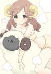  animal_costume blush brown_eyes brown_hair detached_sleeves horns morina_nao original sheep sheep_costume smile solo strap_slip twintails 