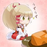  :3 aburaage apron chibi food inari_konkon_koi_iroha. japanese_clothes magatama miko minagi_(gogogo) plate ponytail seiza sitting solo translation_request uka-no-mitama-no-kami_(inakon) yellow_eyes 