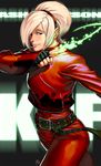  androgynous ash_crimson belt blonde_hair blue_eyes cowboy_shot fingerless_gloves fire gloves green_fire hair_over_one_eye hairband jacket male_focus nose pants pyrokinesis red_pants rejean_dubois smile solo the_king_of_fighters zipper 