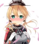  aqua_eyes blonde_hair blush gloves hat highres iron_cross kantai_collection looking_at_viewer low_twintails max_melon prinz_eugen_(kantai_collection) revision smile solo twintails upper_body white_background white_gloves 