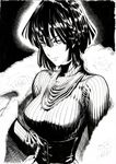  breasts corset eyelashes fubuki_(one-punch_man) jewelry large_breasts light_smile lips long_sleeves monochrome murata_yuusuke necklace one-punch_man ribbed_sweater sash short_hair solo sweater turtleneck 