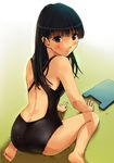  amagami arm_support ass ayatsuji_tsukasa back barefoot black_school_swimsuit blush brown_eyes brown_hair competition_swimsuit from_behind frown gradient gradient_background highres kickboard long_hair looking_at_viewer looking_back mouse_(frankhell) one-piece_swimsuit school_swimsuit sitting solo swimsuit wariza wet 