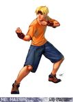  bandaid bandaid_on_nose blonde_hair fighting_stance fingerless_gloves full_body gloves headband male_focus mel_masters older rejean_dubois shirt shoes shorts sneakers socks solo street_fighter street_fighter_iii_(series) t-shirt white_background 