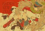  bad_id bad_pixiv_id blonde_hair blue_eyes boots braid cross-laced_footwear english happy_new_year hat highres lace-up_boots lamb long_hair looking_at_viewer new_year original p-suke peaked_cap red_footwear scarf sheep skull smile solo very_long_hair 