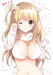  ;) bikini bikini_top blonde_hair blush breasts cleavage closed_mouth detached_sleeves hair_ornament horns kurimomo large_breasts long_hair looking_at_viewer navel one_eye_closed one_side_up sheep_horns sleeves_past_wrists smile solo swimsuit white_bikini yellow_eyes 