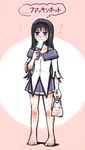  1girl akemi_homura bag bare_legs barefoot black_hair blush bra_strap eating food full_body gem hairband holding holding_bag holding_food kyubey kyubey_(cameo) legs_apart long_hair looking_at_viewer magical_girl mahou_shoujo_madoka_magica mahou_shoujo_madoka_magica_movie no_legwear off_shoulder pink_background plastic_bag pleated_skirt popsicle purple_eyes silverxp simple_background skirt sleeves_past_elbows soul_gem standing sweat thinking thought_bubble 