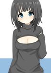  bangs black_hair blue_eyes blush breasts cleavage cleavage_cutout eyebrows_visible_through_hair long_sleeves looking_at_viewer medium_breasts meme_attire morina_nao open-chest_sweater original ribbed_sweater short_hair simple_background sleeves_past_wrists solo sweater turtleneck 