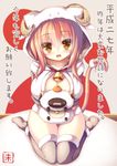  animal_costume arms_behind_back bell blush breasts cleavage fang grey_legwear horns large_breasts looking_at_viewer new_year no_shoes orange_eyes original pink_hair sheep_costume sheep_hood sheep_horns shia_flatpaddy slit_pupils solo syroh tail thigh_gap thighhighs 