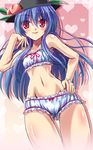  bandeau bare_arms bare_shoulders blue_hair breasts cinderella_bust collarbone food fruit hand_in_hair hand_on_hip hat heart hinanawi_tenshi long_hair looking_at_viewer navel panties peach pink_eyes small_breasts smile solo stomach strapless touhou underwear underwear_only very_long_hair white_panties yamu_(reverse_noise) 