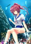  arm_support bare_legs cellphone coral_reef high_ponytail i-168_(kantai_collection) kantai_collection looking_at_viewer neckerchief nishiura_gin phone red_eyes red_hair sailor_collar school_swimsuit school_uniform serafuku sitting smartphone solo swimsuit swimsuit_under_clothes underwater 