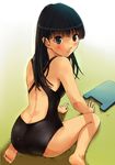  amagami arm_support ass ayatsuji_tsukasa back barefoot black_school_swimsuit blush brown_eyes brown_hair competition_swimsuit from_behind gradient gradient_background highres kickboard long_hair looking_at_viewer looking_back mouse_(frankhell) one-piece_swimsuit school_swimsuit sitting solo swimsuit wariza wet 