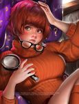  banned_artist black_eyes breasts brown_hair freckles glasses hand_on_own_head large_breasts lips magnifying_glass orange_shirt sakimichan scooby-doo shirt short_hair skirt solo sweater turtleneck velma_dace_dinkley watermark web_address 