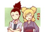  1girl black_hair blonde_hair bust couple eyes_closed facial_hair goatee happy husband_and_wife nara_shikamaru naruto necklace quad_tails shimatori042 smile temari topknot upper_body 