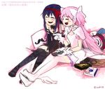  ^_^ ^o^ akemi_homura akuma_homura anthony_(madoka_magica) black_hair blush closed_eyes controller cover dvd_(object) dvd_case dvd_cover facial_hair fake_facial_hair fake_mustache full_body hair_ribbon kaname_madoka laughing long_hair lying mahou_shoujo_madoka_magica mahou_shoujo_madoka_magica_movie multiple_girls mustache on_stomach open_mouth pillow pink_hair pointing pyotr_(madoka_magica) remote_control ribbon silverxp simple_background sitting smile spoilers teeth translation_request two_side_up ultimate_madoka wings 