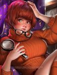  1girl blush bob_cut brown_hair curtains freckles glasses glasses_removed looking_aside magnifying_glass sakimichan scooby-doo solo sweater turtleneck velma_dace_dinkley window 