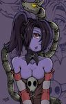  bad_id bad_pixiv_id bare_shoulders blue_hair blue_skin breast_squeeze breasts cleavage collarbone cowboy_shot detached_collar detached_sleeves eyelashes hair_over_one_eye highres leviathan_(skullgirls) long_hair looking_at_viewer medium_breasts red_eyes side_ponytail skull skullgirls solo squigly_(skullgirls) stitched_mouth stitches striped_sleeves the_golden_smurf zombie zoom_layer 