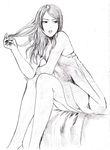  bare_shoulders dress graphite_(medium) hand_in_hair lips long_hair looking_away monochrome murata_yuusuke original parted_lips simple_background sitting sketch solo traditional_media white_background 