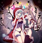  animal antlers bad_id bad_pixiv_id blue_eyes bodice brown_eyes brown_hair christmas commentary garter_belt gloves green_hair kantai_collection kumano_(kantai_collection) long_hair merry_christmas multiple_girls panties ponytail red_gloves reindeer reindeer_antlers sack shiki_(kurotoshiki) suzuya_(kantai_collection) thighhighs underwear 