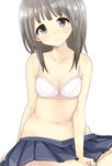  belly black_eyes black_hair bra breasts head_tilt long_hair morina_nao navel no_shirt original sitting skirt skirt_pull small_breasts solo underwear 