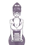  alternate_hairstyle bangs bespectacled bliss_barson book bow breasts cleavage cryamore curvy earrings glasses greyscale hair_bow holding holding_book jewelry knifoon large_breasts librarian lips long_skirt looking_at_viewer mole mole_under_eye monochrome puckered_lips skirt solo updo wide_hips 