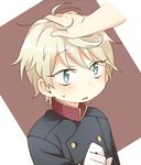  aldnoah.zero bad_id bad_pixiv_id blush green_eyes looking_up military military_uniform patting short_hair silver_hair slaine_troyard solo_focus sweatdrop uniform 