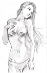  bikini breasts cleavage collarbone graphite_(medium) hand_on_own_chest long_hair medium_breasts murata_yuusuke navel original parted_lips simple_background sketch solo swimsuit traditional_media white_background 