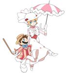  1girl blue_eyes cane cosplay couple dress gloves hat hetero holding_hands mario mario_(series) mary_poppins pantyhose parasol princess_peach riomario smile striped_suit super_mario_bros. umbrella white_dress 