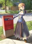  ahoge artoria_pendragon_(all) bad_id bad_pixiv_id blonde_hair canada cellphone dress fate/stay_night fate_(series) green_eyes highres jay_xu juliet_sleeves long_sleeves phone postbox_(outgoing_mail) puffy_sleeves saber solo 