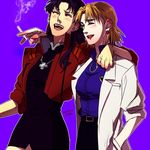  akagi_ritsuko blush breasts cigarette dated earrings elina_kuroe_no_daarin eyes_closed jacket jewelry katsuragi_misato labcoat large_breasts laughing lipstick makeup multiple_girls neon_genesis_evangelion pixiv_manga_sample signature smile smoke smoking 