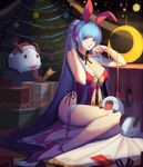  animal_ears bad_id bad_pixiv_id blue_eyes blue_hair breasts bunny_ears christmas cleavage cubies_(tiger_205) dress highres huge_breasts league_of_legends legs long_hair looking looking_at_viewer ponytail poro_(league_of_legends) ribbon smile solo sona_buvelle thighs very_long_hair 