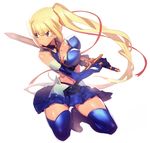  bad_id bad_pixiv_id blonde_hair blue_eyes blue_footwear blue_gloves blue_legwear boots breasts elbow_gloves gloves kneeling large_breasts limalisha long_hair looking_away madan_no_ou_to_vanadis mckeee midriff navel ready_to_draw side_ponytail simple_background skirt solo sword thigh_boots thighhighs very_long_hair weapon white_background 