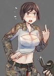  bangs belt belt_buckle blue_eyes blush breasts brown_hair buckle camouflage cleavage cleavage_cutout commentary erica_(naze1940) flying_sweatdrops glint highres large_breasts long_sleeves meme_attire middle_finger military military_uniform navel open-chest_sweater open_mouth original pants parted_bangs scissors shears shirt_pull short_hair solo_focus strap sweater tears teeth uniform zipper 
