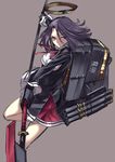  black_gloves glaive gloves grey_background hair_intakes highres kantai_collection karlwolf looking_at_viewer machinery mechanical_halo polearm purple_eyes purple_hair short_hair solo tatsuta_(kantai_collection) weapon 