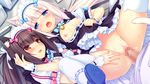  1boy 1girl 2girls animal_ears areolae bell bell_collar black_hair blue_eyes blush breasts cat_ears cat_tail censored chocola_(sayori) collar cum facial game_cg hair_ribbon highres legs long_hair maid maid_headdress multiple_girls nekopara nipples no_panties open_mouth orange_eyes penis pink_hair pussy ribbon sayori sex shoes small_breasts smile spread_legs sweat tail teeth thighs twintails vaginal vanilla_(sayori) white_legwear 