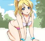  :o all_fours ayase_eli barefoot bikini blonde_hair blue_eyes blush bracelet breasts cleavage halterneck jewelry long_hair looking_at_viewer love_live! love_live!_school_idol_project o-ring o-ring_top oekaki ponytail scrunchie solo swimsuit turkey_min white_scrunchie 