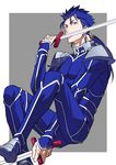  black_keys blue_hair earrings fate/stay_night fate_(series) jewelry kon_manatsu lancer licking licking_weapon long_hair male_focus ponytail red_eyes solo sword weapon 