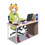  blonde_hair cardigan cellphone coffee_mug coin_purse computer cup desk full_body grey_eyes hair_ornament hair_ribbon hairclip hao_(patinnko) hood hoodie laptop looking_away mole mole_under_eye mug notepad phone ribbon shirobako short_hair sitting smartphone solo striped striped_legwear thighhighs tissue_box transparent_background twintails yano_erika zettai_ryouiki 