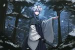  :o animal_ears bee_(deadflow) blue_eyes blue_hair forest fox_ears fox_mask hair_ornament katana long_sleeves mask nature original outdoors outstretched_arm sheath sheathed short_hair_with_long_locks sidelocks snow snowflake_hair_ornament snowing solo sword tail weapon wide_sleeves 