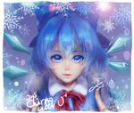  2015 blue_eyes blue_hair bow character_name cirno collared_shirt dated eyelashes hair_bow highres ice ice_wings index_finger_raised lace-trimmed_collar lens_flare lips looking_at_viewer neck_ribbon nose parted_lips portrait ribbon shest shirt short_hair signature snowflakes solo touhou vest wings 