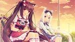  2girls animal_ears bench black_hair blue_eyes blush bow bowtie building cat_ears cat_tail chocola_(sayori) chocolat_(sayori) cloud clouds evening flat_chest game_cg hair_ornament hair_ribbon happy highres legs long_hair looking_at_viewer multiple_girls nekopara open_mouth orange_eyes pink_hair ribbon sayori skirt sky slit_pupils small_breasts smile sunset tail thighs tree trees twintails vanilla_(sayori) white_legwear 