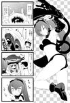  2girls 4koma ;d abyssal_admiral_(kantai_collection) admiral_(kantai_collection) alternate_hairstyle armpits bangs bikini black_bikini blush breasts checkered checkered_background chibi chibi_inset comic commentary frisbee gloves goggles goggles_on_head greyscale hair_between_eyes hat highres i-class_destroyer kantai_collection long_hair medium_breasts military military_uniform monochrome multiple_girls naval_uniform navel one_eye_closed open_mouth ponytail ri-class_heavy_cruiser ro-class_destroyer shinkaisei-kan smile sweatdrop swimsuit tears teeth throwing translated trembling uniform very_long_hair wo-class_aircraft_carrier yamamoto_arifred 