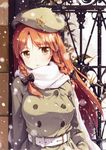  alternate_costume alternate_eye_color arms_at_sides bangs belt beret bow braid brown_eyes brown_hair buttons coat contemporary double-breasted face gate hair_bow hair_over_shoulder hat highres hong_meiling ironwork jacket ke-ta long_hair long_sleeves looking_at_viewer orange_hair parted_lips scarf snow snowing solo source_request star touhou twin_braids upper_body white_belt white_scarf winter_clothes winter_coat 