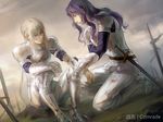  armor bedivere berserker_(fate/zero) blonde_hair blood fate/stay_night fate/zero fate_(series) kanmuri_(hanyifan30338) knight lancelot_(fate/zero) multiple_boys purple_hair sword weapon wince 