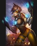  artist_name bodysuit breasts brown_hair character_name contrapposto deviantart_sample dual_wielding goggles gun handgun holding image_sample jacket large_breasts leather leather_jacket lips looking_at_viewer orange_bodysuit overwatch pistol rattish short_hair skin_tight smile spiked_hair standing tracer_(overwatch) union_jack weapon 