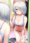  1boy 1girl absurdres admiral_(kantai_collection) blue_eyes blush bra cellphone clothes_removed collarbone commentary_request door eyebrows_visible_through_hair eyes_visible_through_hair hair_ornament hair_over_one_eye hairclip hamakaze_(kantai_collection) highres holding holding_cellphone holding_phone indoors kantai_collection mirror navel nedia_(nedia_region) panties phone reflection short_hair silver_hair solo_focus underwear underwear_only 