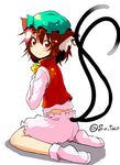  animal_ears bloomers brown_eyes brown_hair cat_ears cat_tail chen earrings hat jewelry looking_at_viewer looking_back multiple_tails nekomata no_shoes seiza short_hair simple_background sitting smile socks solo sw tail touhou twitter_username two_tails underwear white_background 