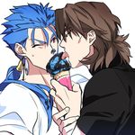  blue_hair brown_hair fate/stay_night fate_(series) food food_on_face ice_cream ice_cream_on_face kon_manatsu kotomine_kirei lancer multiple_boys ponytail red_eyes shared_food 