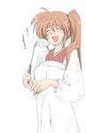  :d apron blush brown_hair closed_eyes elf_(stroll_in_the_woods) highres housewife kappougi ladle lyrical_nanoha mahou_shoujo_lyrical_nanoha mahou_shoujo_lyrical_nanoha_strikers open_mouth side_ponytail smile solo sweatdrop takamachi_nanoha translated 